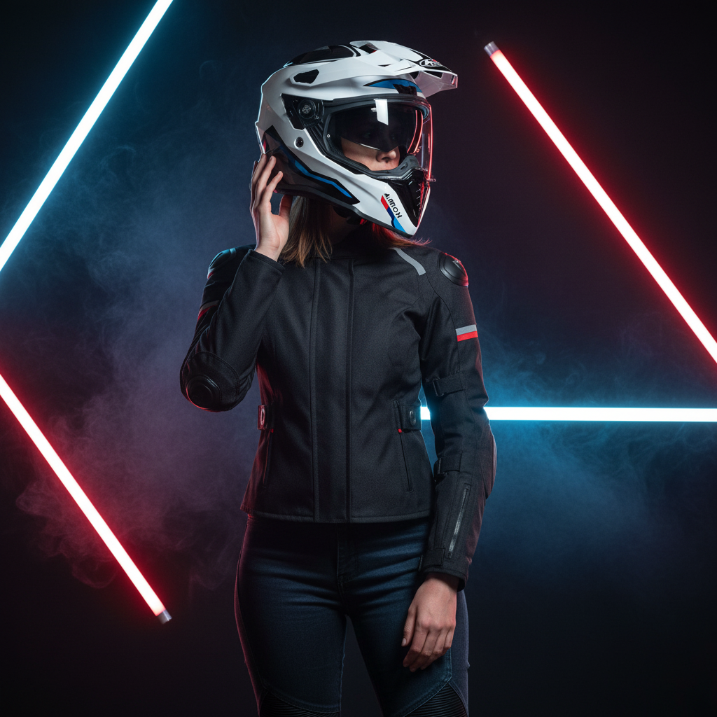 Motociclista indossa il casco Airoh Commander Factor bianco lucido fra luci al neon