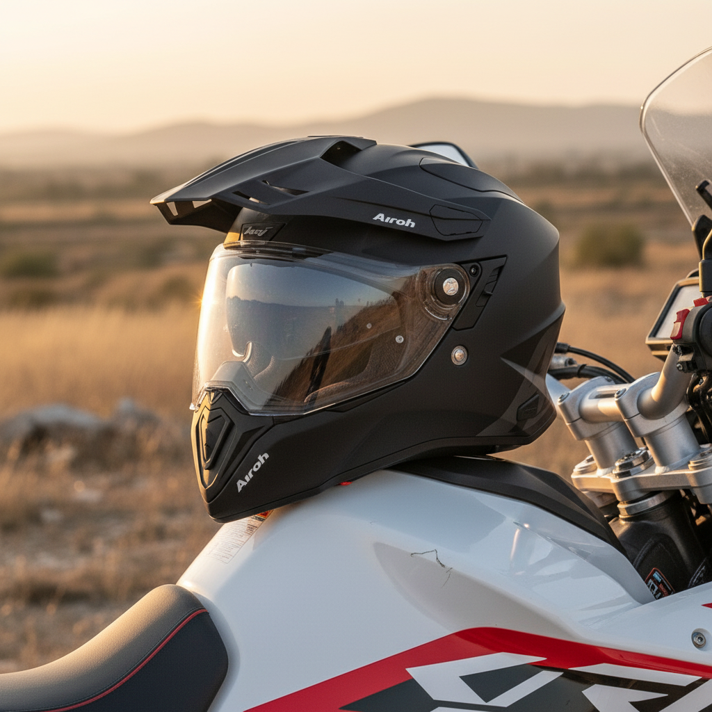 Casco Airoh Commander nero opaco appoggiato su una moto adventure al tramonto