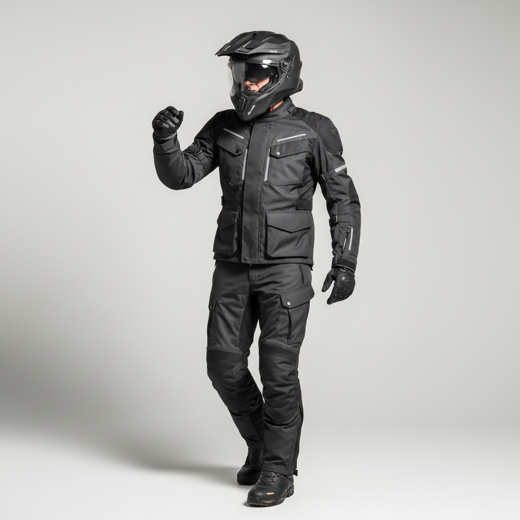 Motociclista in figura intera con casco Airoh Commander nero opaco in studio