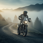 Moto adventure nella nebbia di montagna, pilota con casco Airoh Commander nero opaco