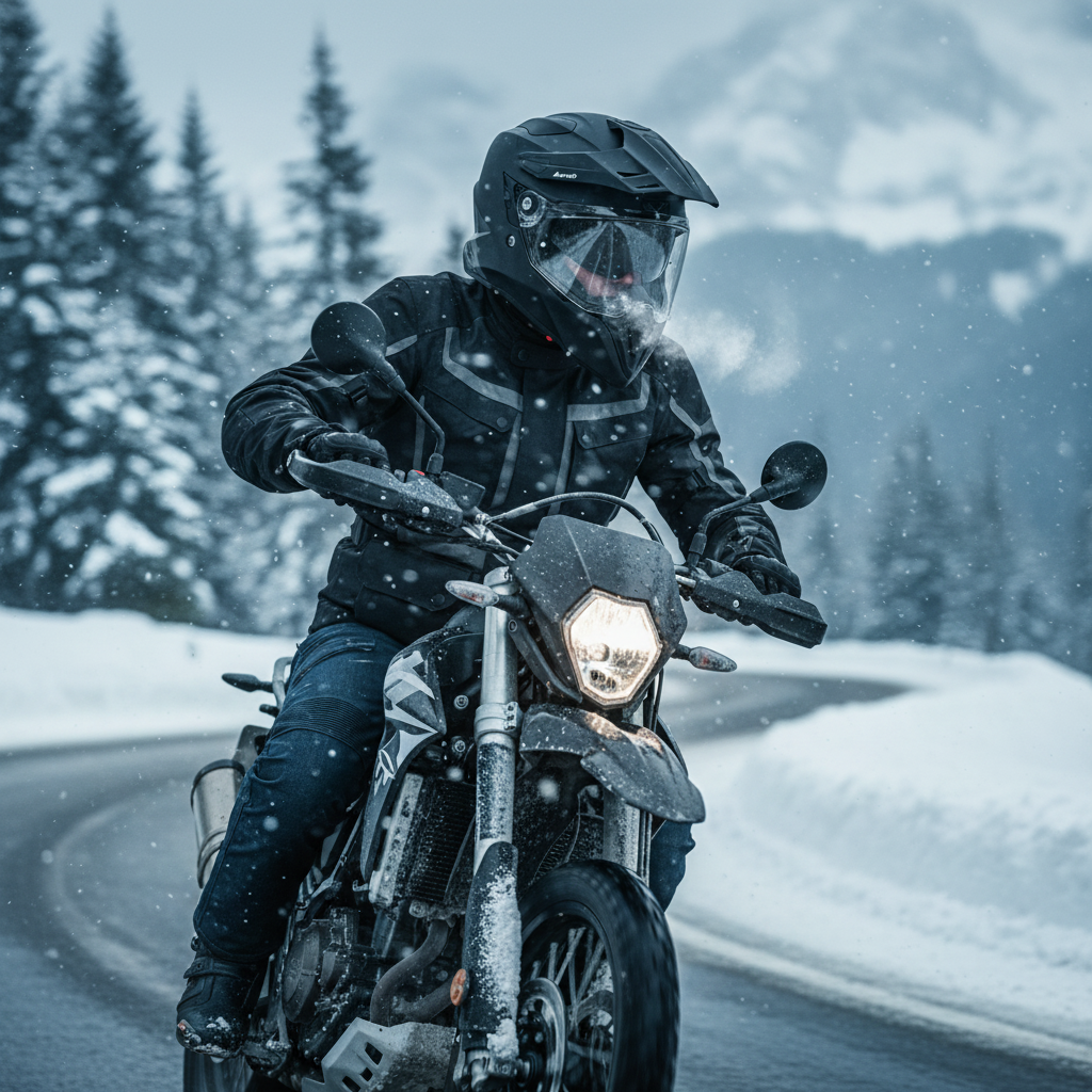 Casco Airoh Commander nero opaco in sella su strada di montagna innevata