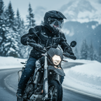Casco Airoh Commander nero opaco in sella su strada di montagna innevata