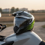 Casco Airoh Commander Progress verde lime appoggiato su una moto adventure