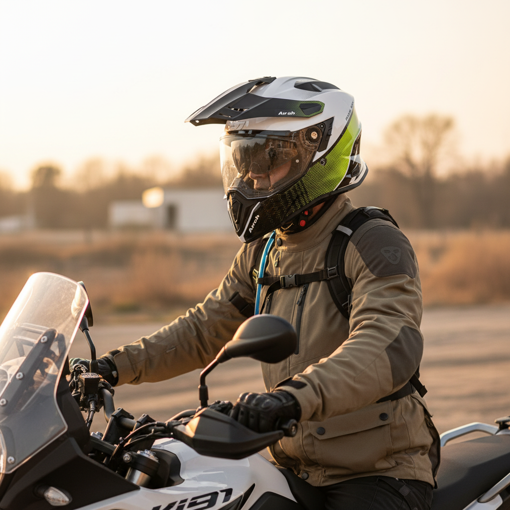 Motociclista con casco Airoh Commander Progress verde lime in sella al tramonto