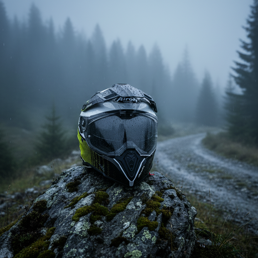 Casco Airoh Commander Progress verde lime su una roccia in una foresta nebbiosa