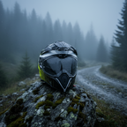 Casco Airoh Commander Progress verde lime su una roccia in una foresta nebbiosa