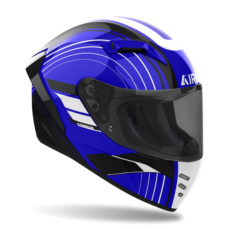 Airoh Connor Achieve Blu/Nero/Bianco Lucido visto di tre quarti dal lato destro, grafica blu con linee bianche