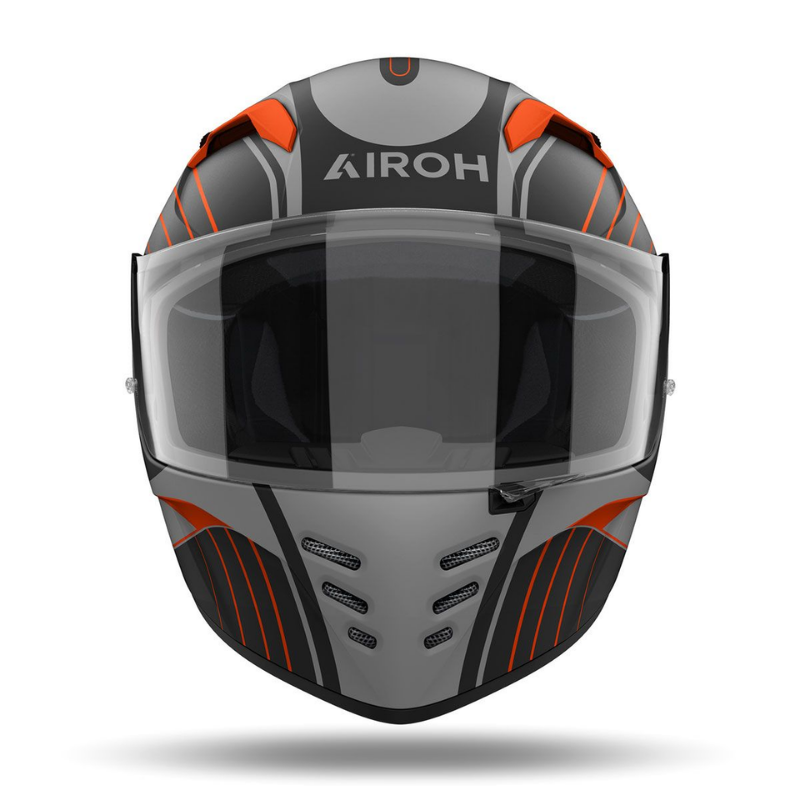 Airoh Connor Achieve Grigio/Nero/Arancione Opaco visto di fronte, con la presa d'aria sulla mentoniera