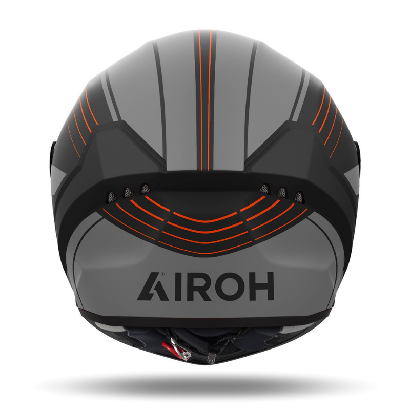 Airoh Connor Achieve Grigio/Nero/Arancione Opaco visto da dietro, con la scritta Airoh e gli estrattori posteriori