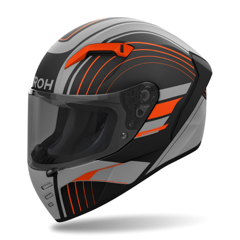 Airoh Connor Achieve Grigio/Nero/Arancione Opaco (CNA32), casco integrale visto di tre quarti dal lato sinistro