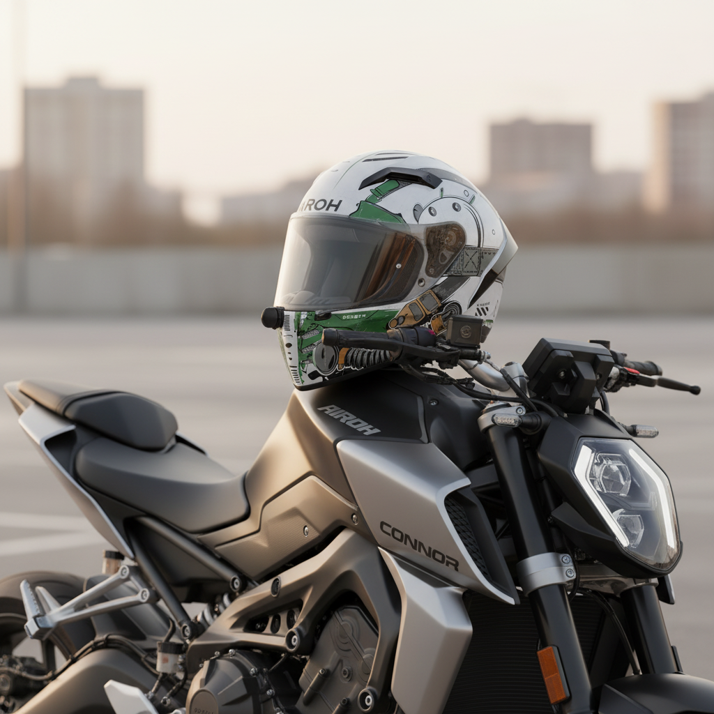Casco Airoh Connor Alligator appoggiato sulla sella di una moto naked in citta