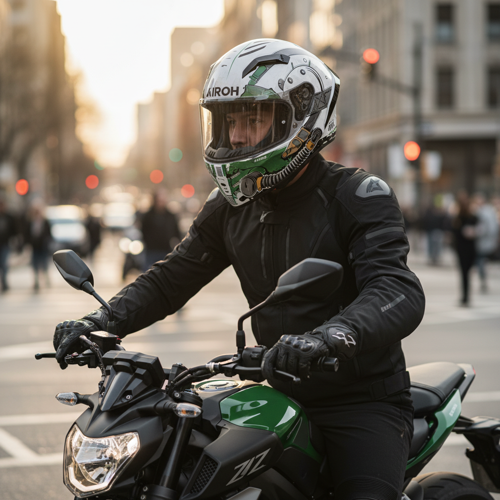 Motociclista con casco Airoh Connor Alligator in sella a una naked in citta