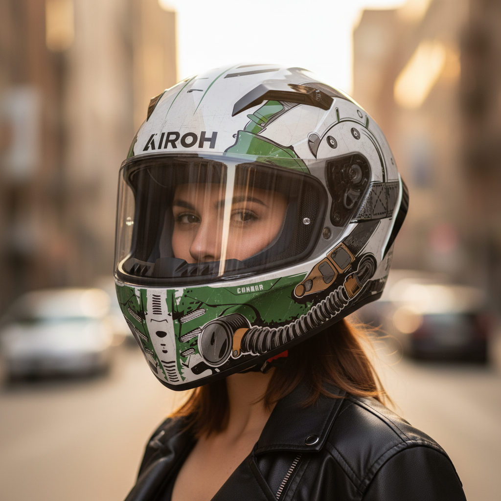 Ritratto ravvicinato di una motociclista che indossa il casco Airoh Connor Alligator