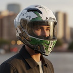 Ritratto ravvicinato di un motociclista che indossa il casco Airoh Connor Alligator