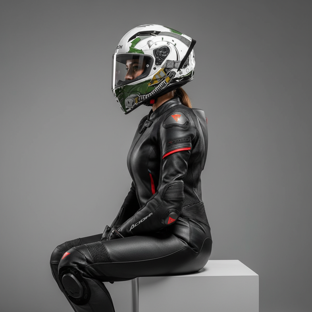Persona seduta in tuta da moto che indossa il casco Airoh Connor Alligator