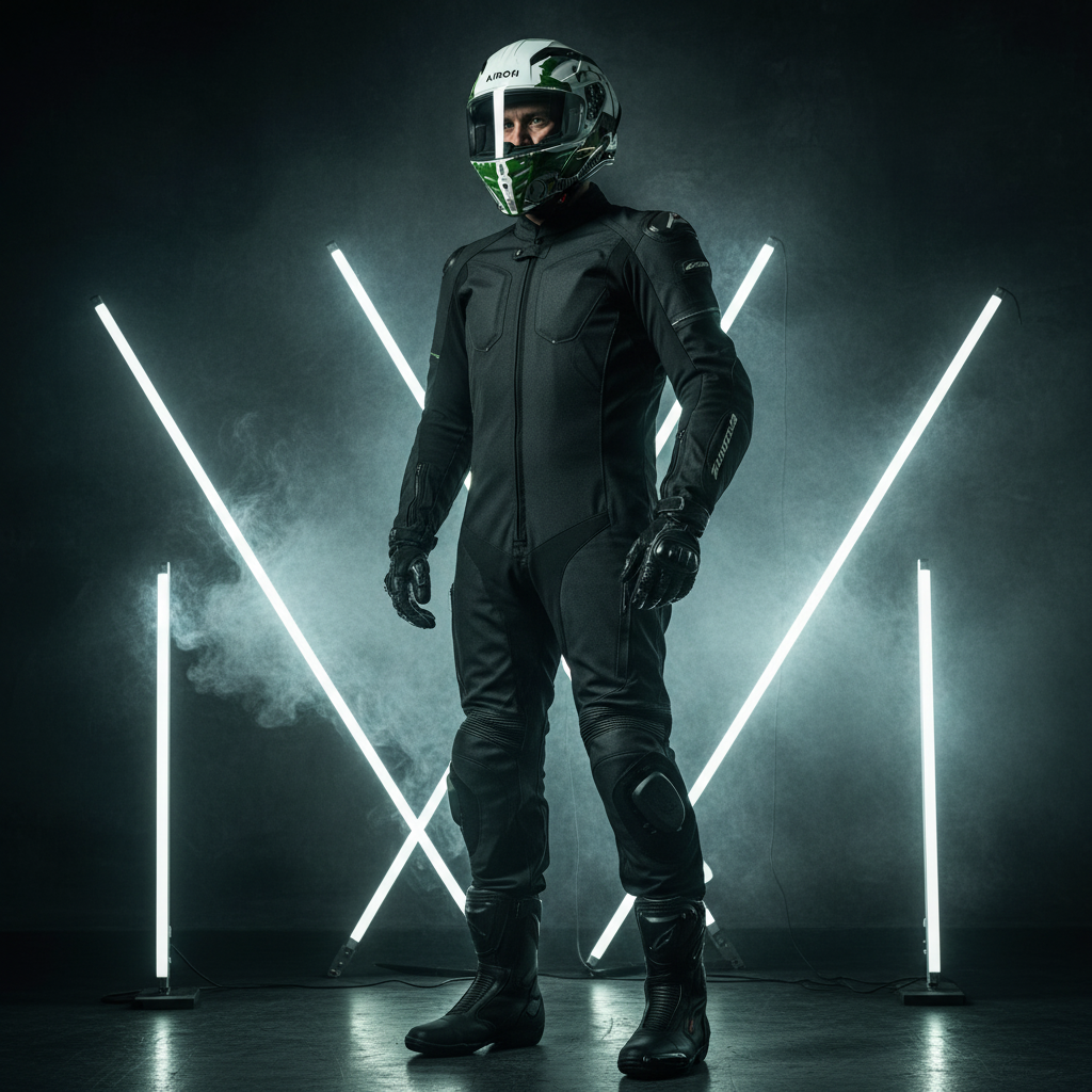 Casco Airoh Connor Alligator indossato in una scena con tubi al neon