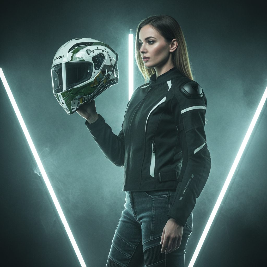 Ragazza che tiene in mano il casco Airoh Connor Alligator in una scena con tubi al neon
