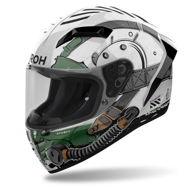 Casco integrale Airoh Connor Alligator bianco lucido con grafica verde, tre quarti anteriore destra