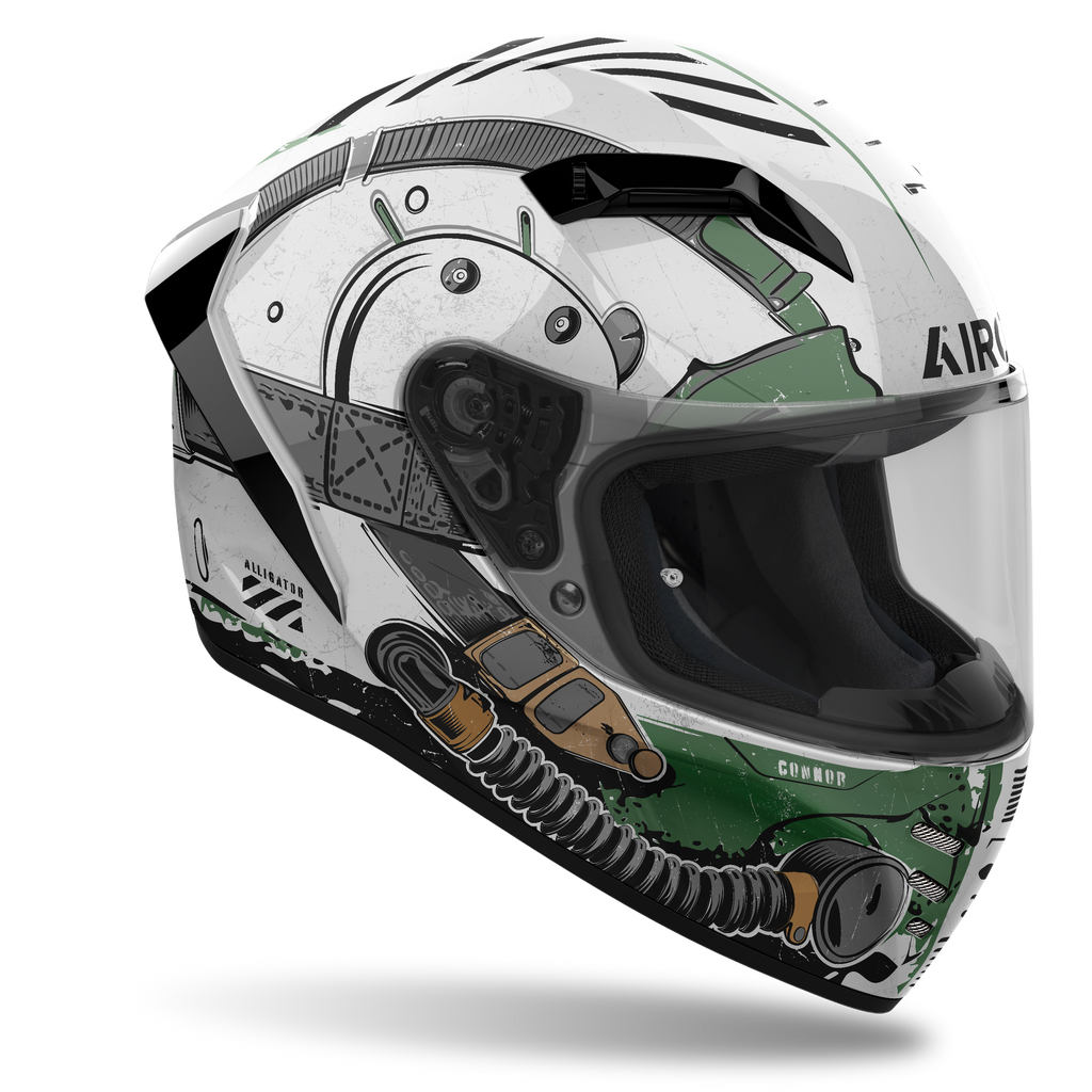 Casco integrale Airoh Connor Alligator bianco lucido con grafica verde, tre quarti anteriore sinistra