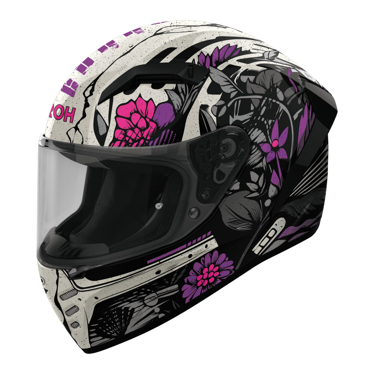 Airoh Connor Bloom Nero/Bianco/Viola Lucido (CNBL17), casco integrale in vista laterale di tre quarti