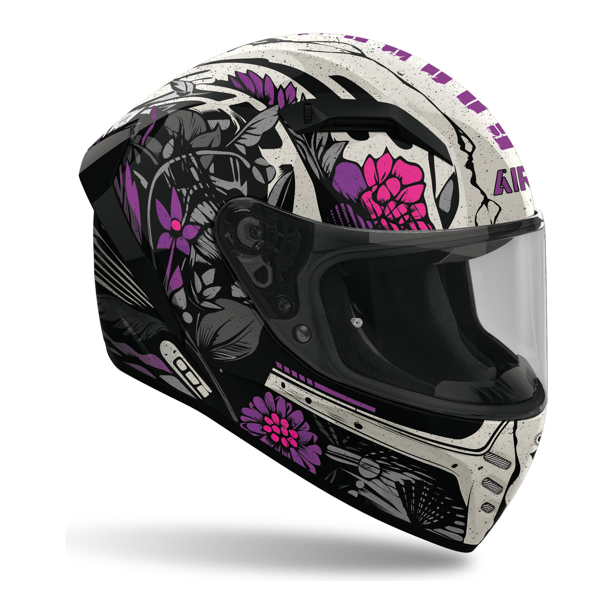 Casco integrale Airoh Connor Bloom Nero/Bianco/Viola Lucido, vista di tre quarti dal lato opposto