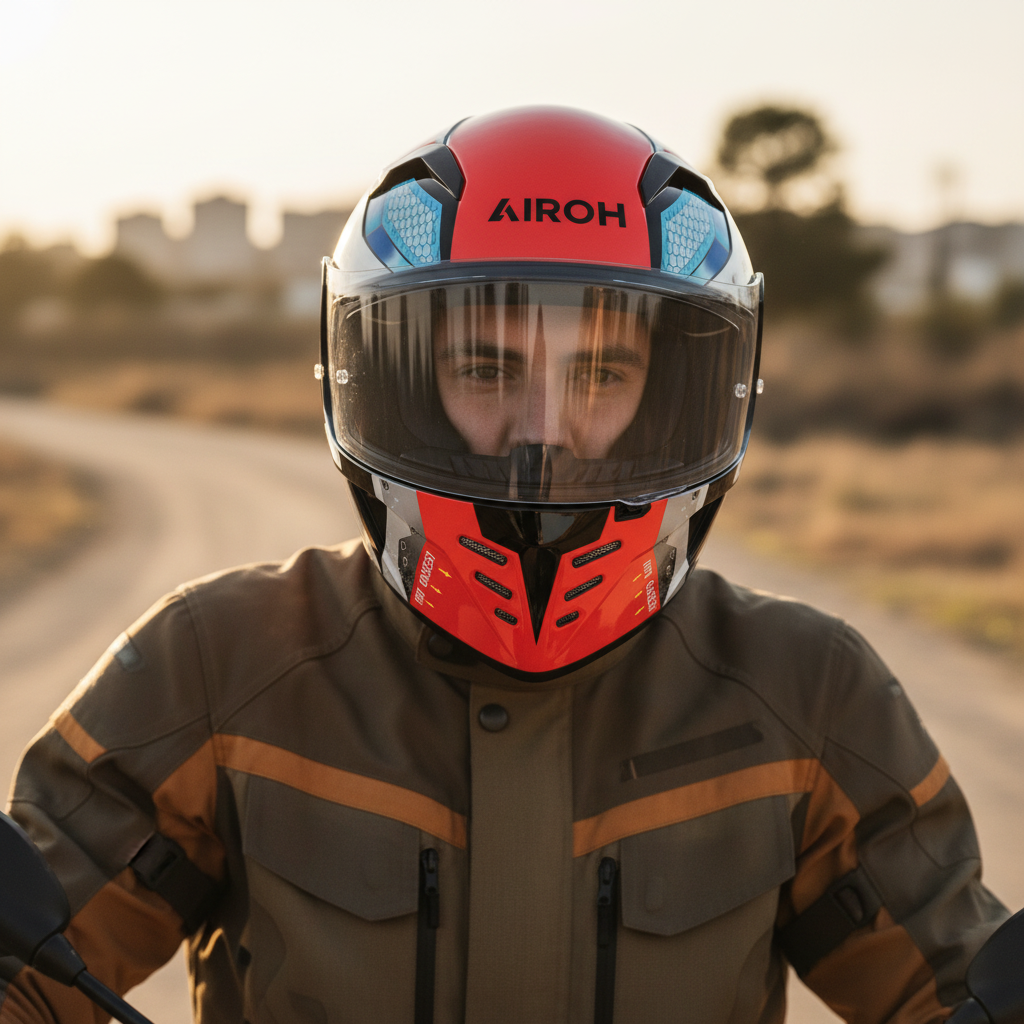 Motociclista con giacca marrone e casco Airoh Connor Bot su una strada di campagna