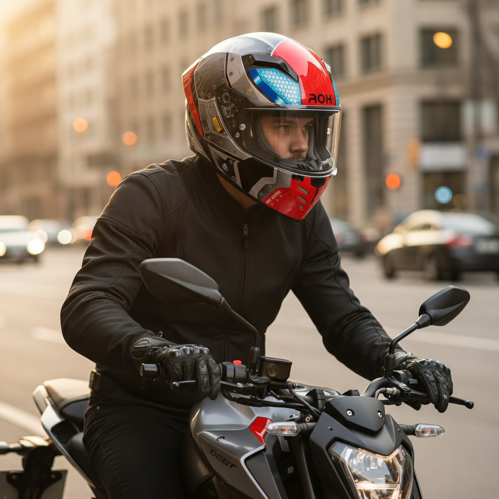 Motociclista in citta con il casco integrale Airoh Connor Bot rosso e grigio