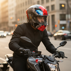 Motociclista in citta con il casco integrale Airoh Connor Bot rosso e grigio