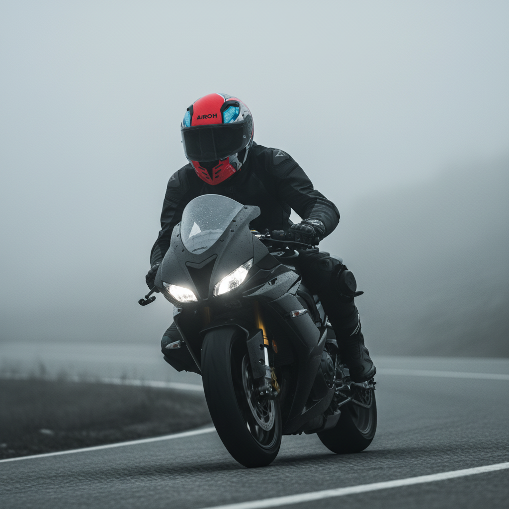 Pilota su moto sportiva nella nebbia con il casco integrale Airoh Connor Bot