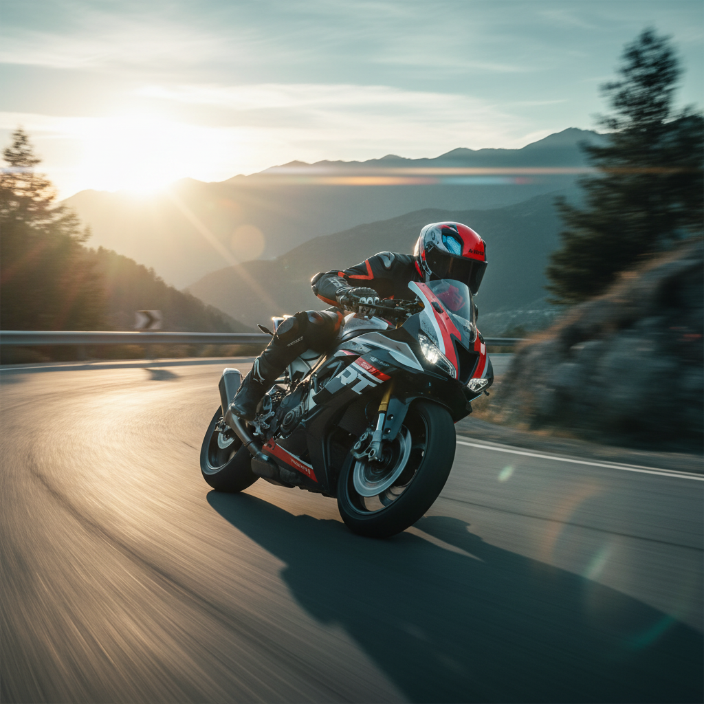Pilota su moto sportiva lungo la costa al tramonto con casco Airoh Connor Bot