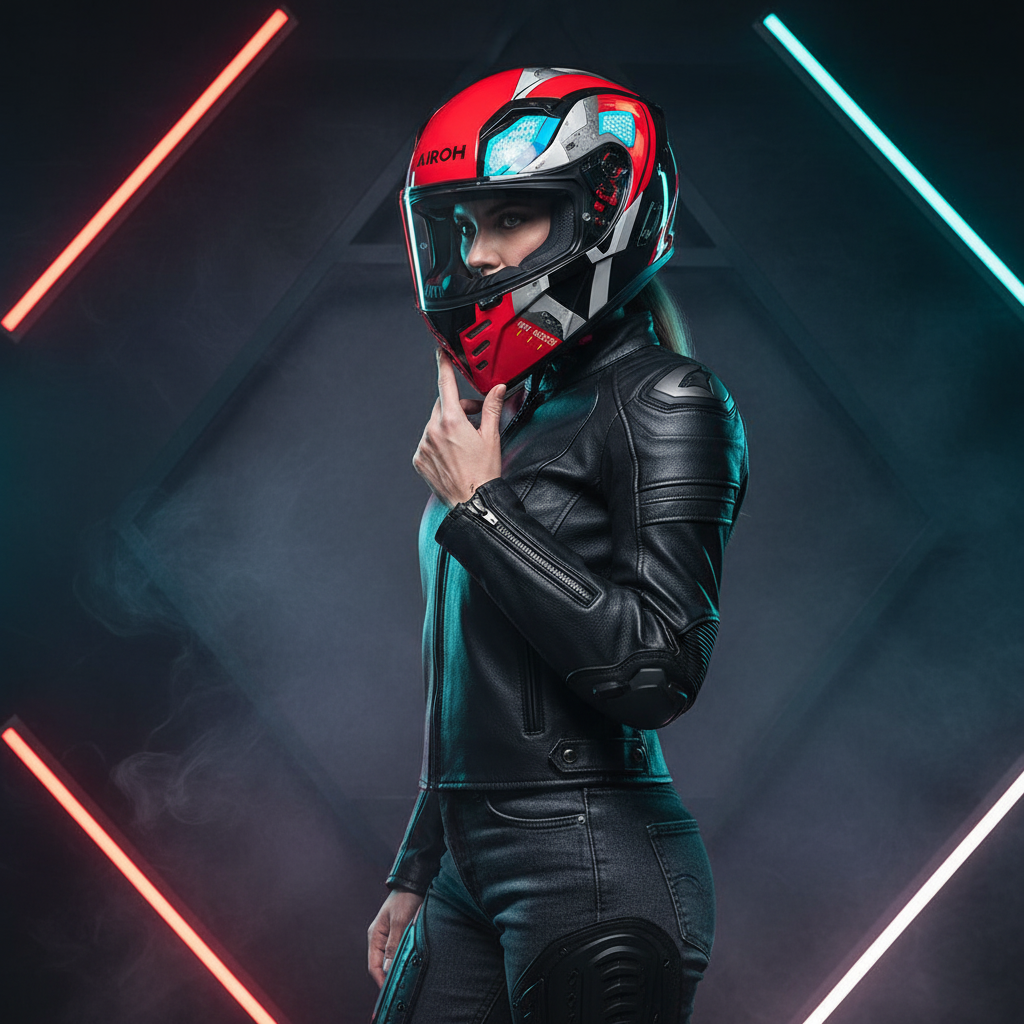Motociclista donna in pelle fra fasci di luce con il casco Airoh Connor Bot