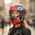 Motociclista donna con il casco Airoh Connor Bot e la visiera alzata