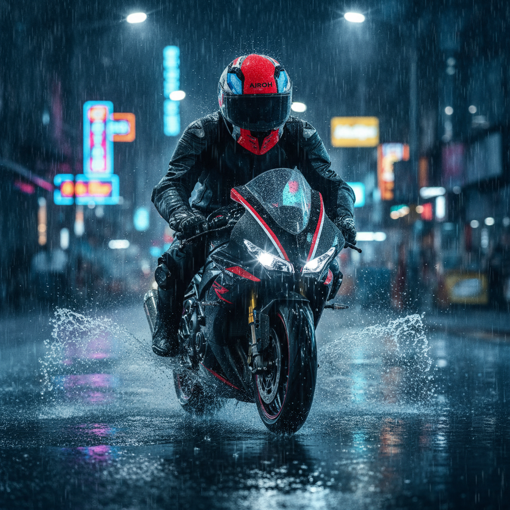 Motociclista su strada bagnata illuminata al neon con casco Airoh Connor Bot