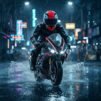 Motociclista su strada bagnata illuminata al neon con casco Airoh Connor Bot