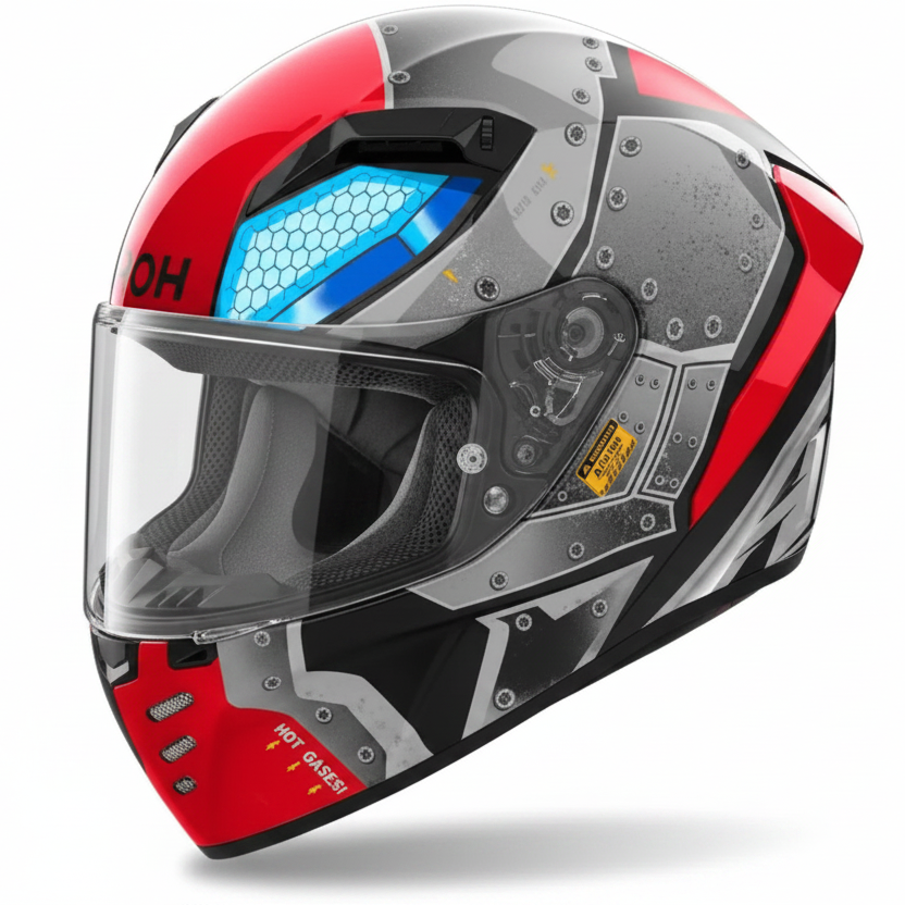 Casco integrale Airoh Connor Bot rosso e grigio metallico, tre quarti anteriore sinistra