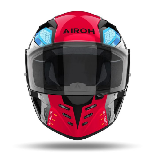 Casco Airoh Connor Bot visto di fronte, grafica robot rossa con accenti azzurri
