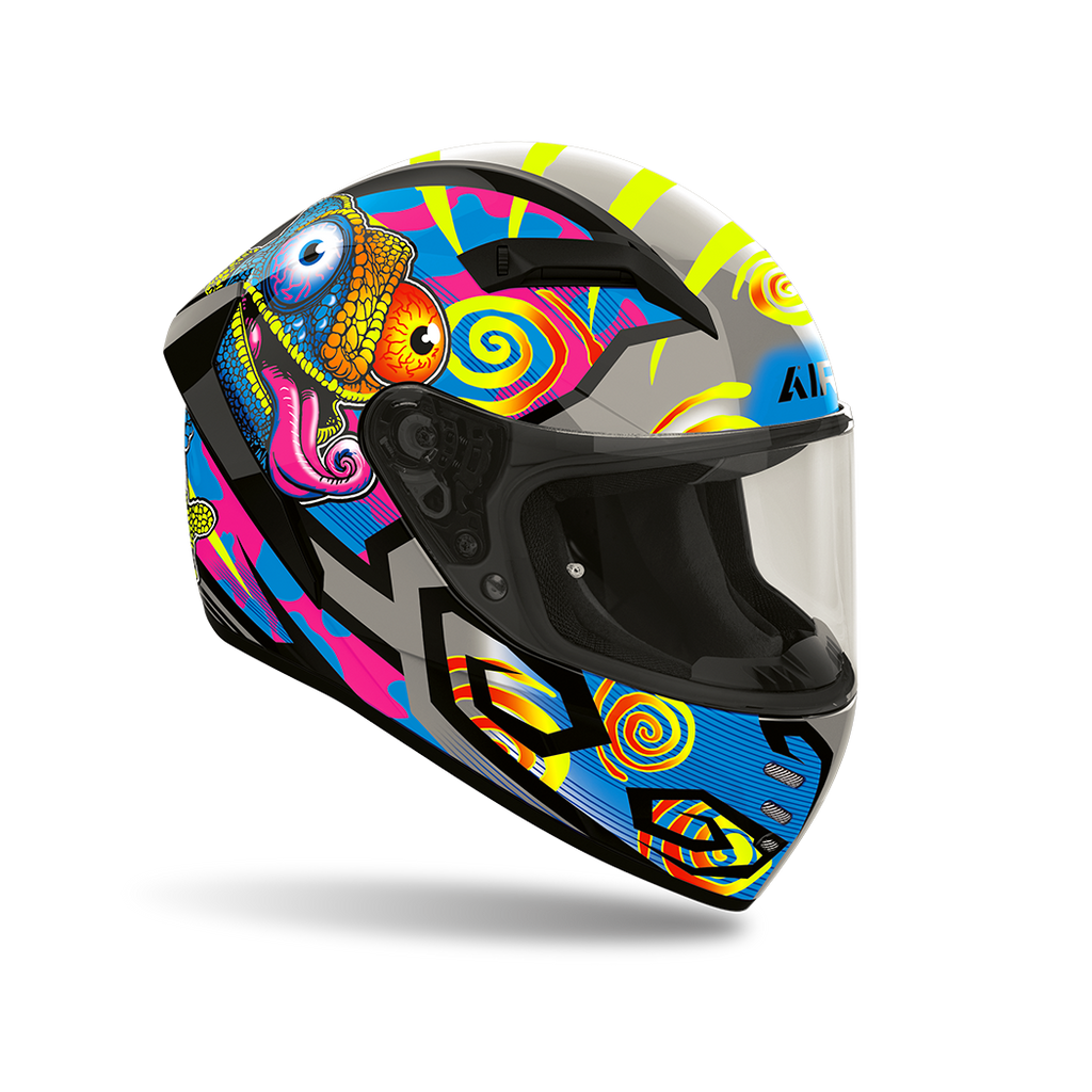 Airoh Connor Chameleon Lucido (CNCH35), casco integrale visto di tre quarti anteriore, grafica multicolore, con blu, fucsia, giallo fluo e grigio