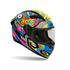 Airoh Connor Chameleon Lucido (CNCH35), casco integrale visto di tre quarti anteriore, grafica multicolore, con blu, fucsia, giallo fluo e grigio