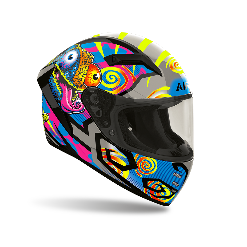 Airoh Connor Chameleon Lucido (CNCH35), casco integrale visto di tre quarti anteriore, grafica multicolore, con blu, fucsia, giallo fluo e grigio