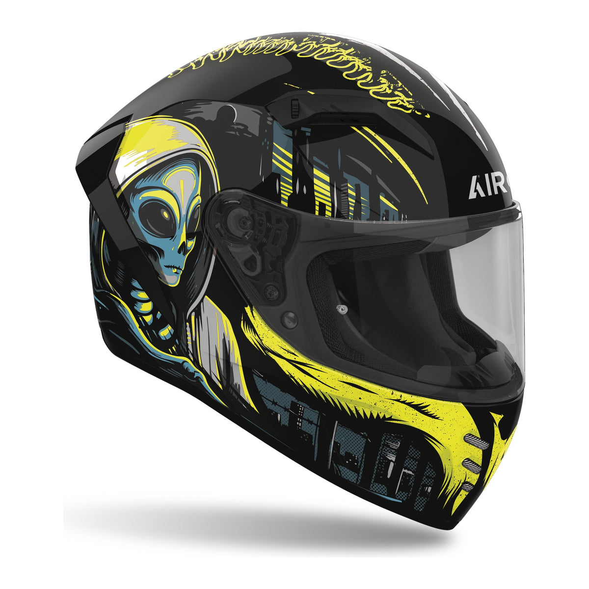 Casco integrale Airoh Connor Double Face Nero/Giallo Fluo Lucido, vista di tre quarti dal lato opposto