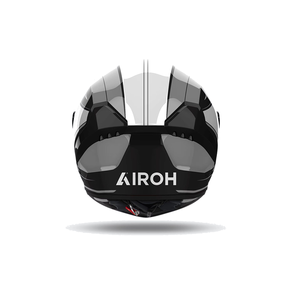Airoh Connor Dunk Nero/Grigio/Bianco Lucido CND17, casco integrale visto da dietro con il logo Airoh