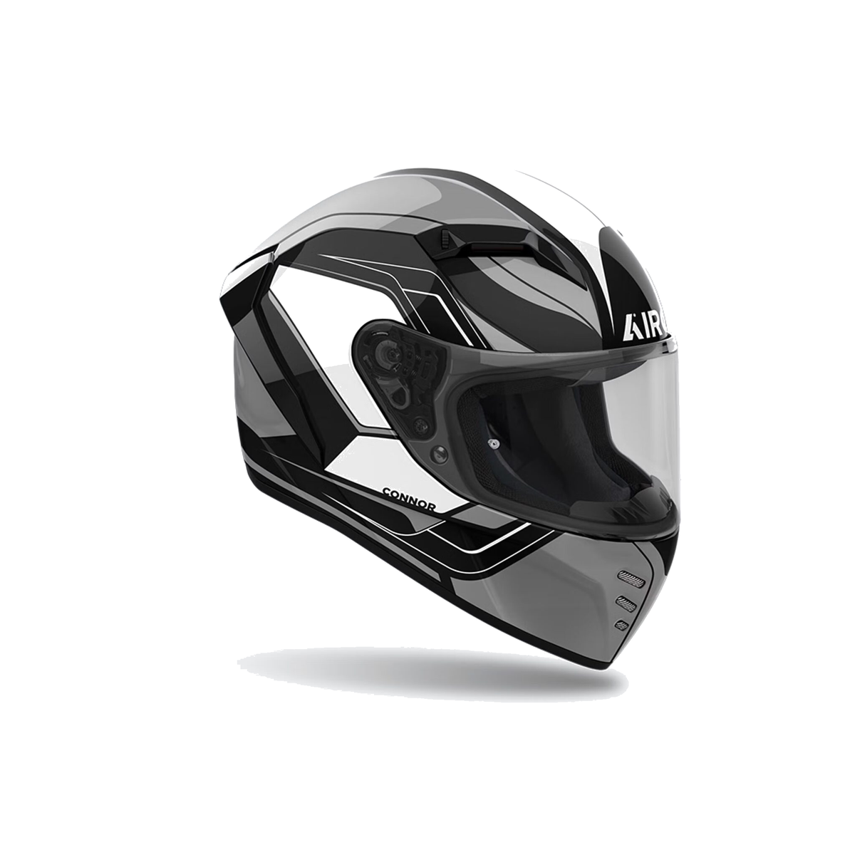 Airoh Connor Dunk Nero/Grigio/Bianco Lucido CND17, casco integrale visto di tre quarti dal lato destro
