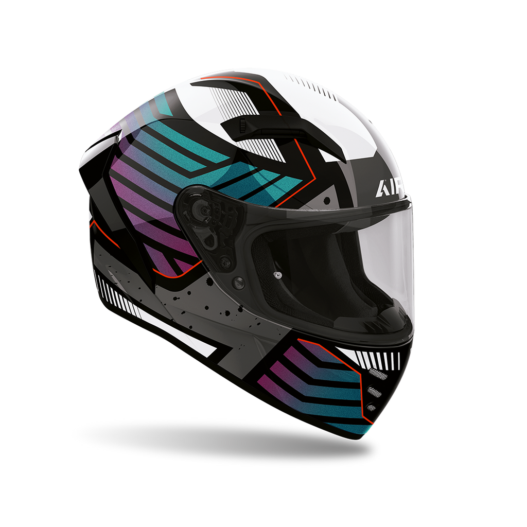 Airoh Connor Flex Lucido (CNF35), casco integrale visto di tre quarti anteriore, grafica bianca, nera e grigia con sfumature verde acqua e viola