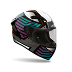 Airoh Connor Flex Lucido (CNF35), casco integrale visto di tre quarti anteriore, grafica bianca, nera e grigia con sfumature verde acqua e viola