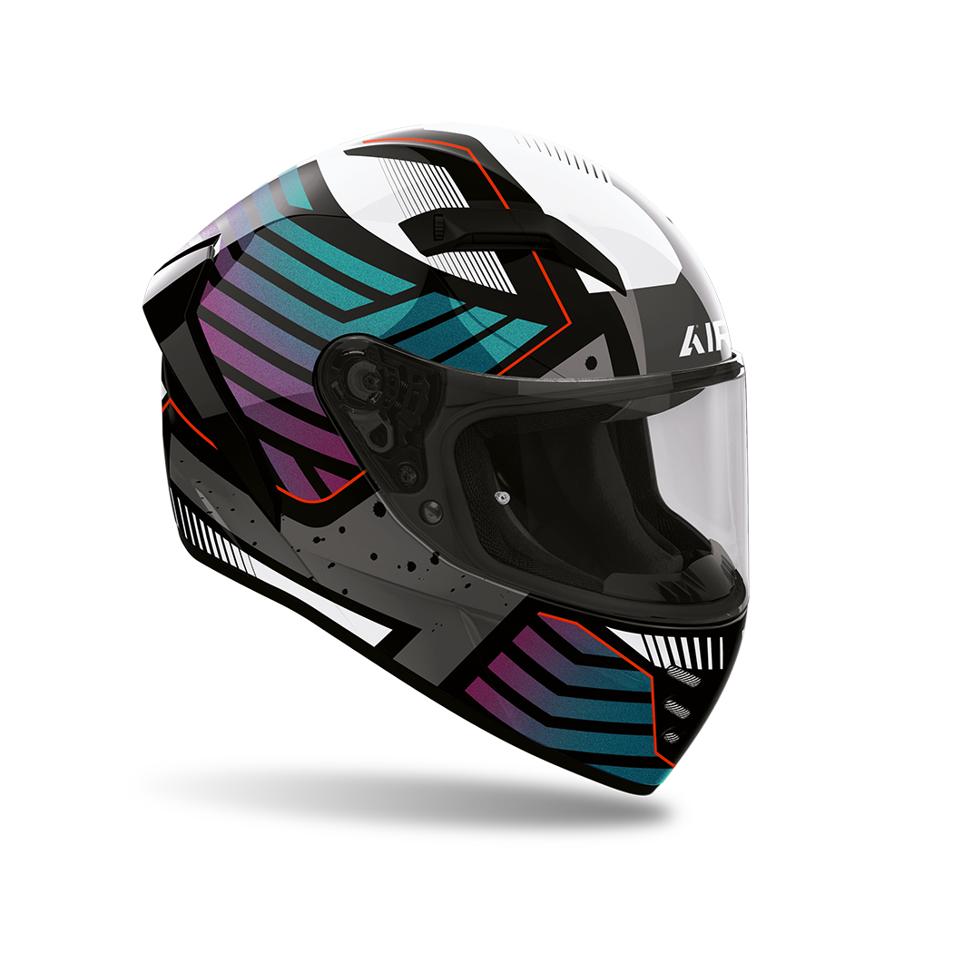 Airoh Connor Flex Lucido (CNF35), casco integrale visto di tre quarti anteriore, grafica bianca, nera e grigia con sfumature verde acqua e viola