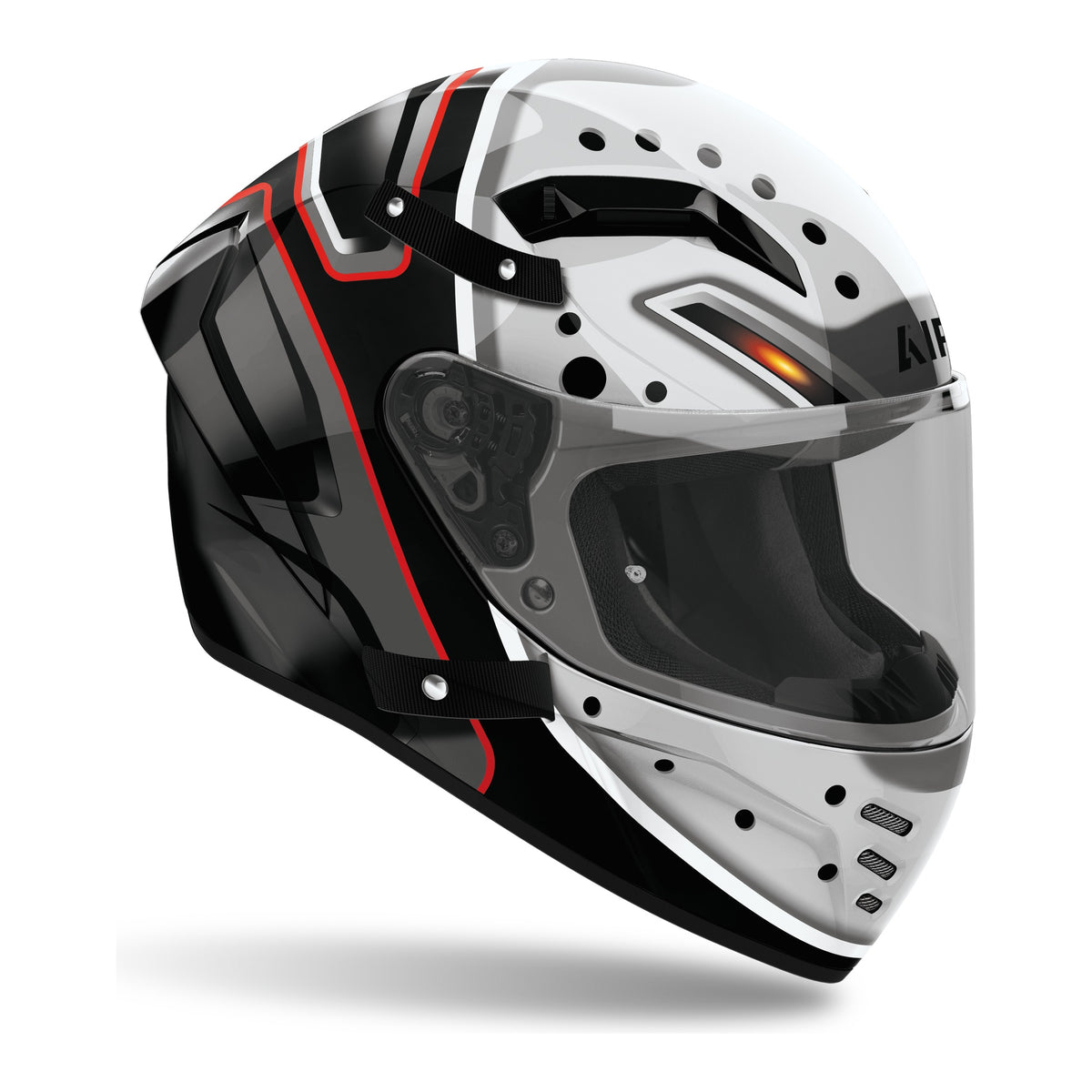 Casco integrale Airoh Connor Masker Bianco/Nero Lucido, vista di tre quarti dal lato opposto