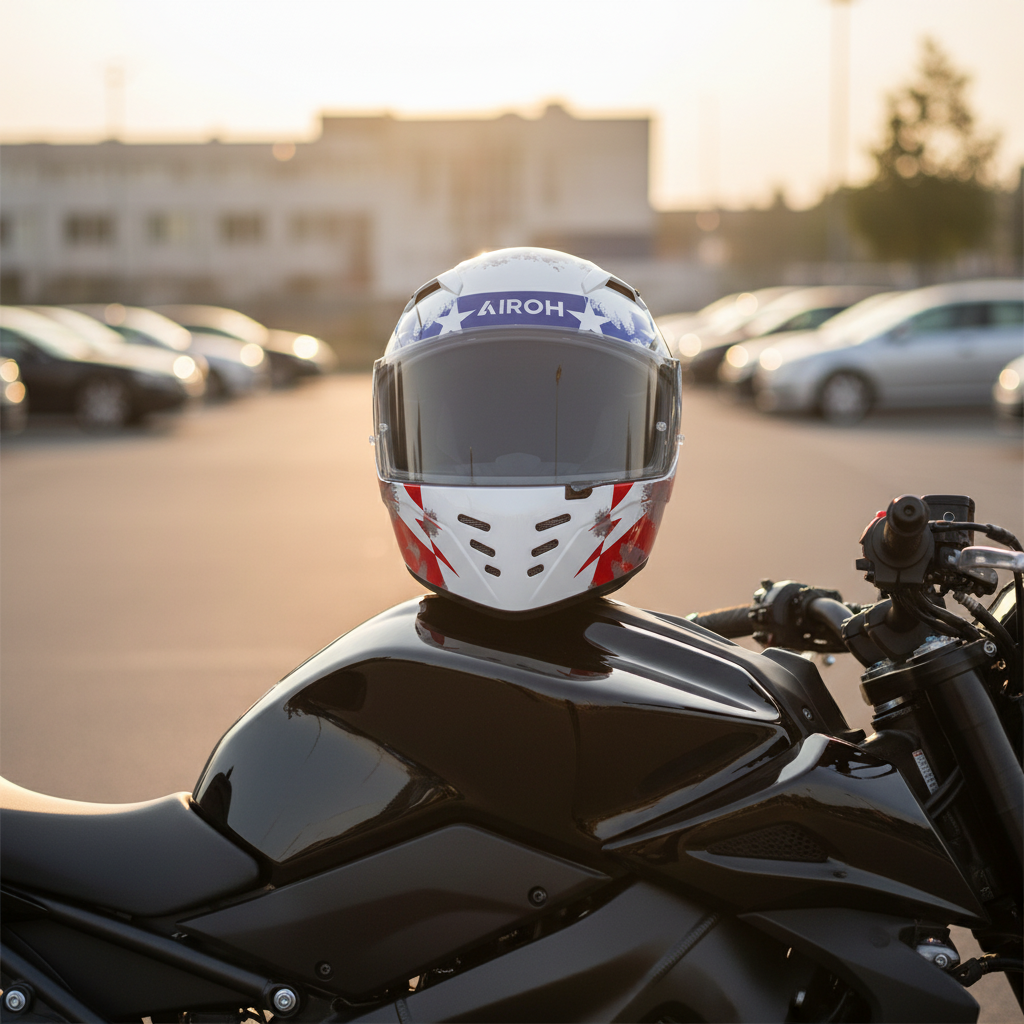 Casco Airoh Connor Nation appoggiato a una moto in un parcheggio urbano