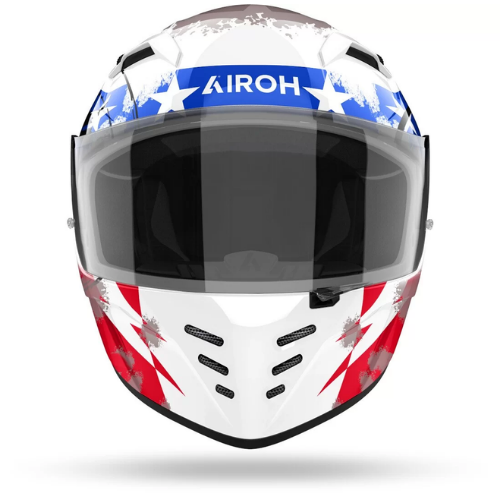 Vista frontale del casco Airoh Connor Nation bianco con stelle bianche su campo blu