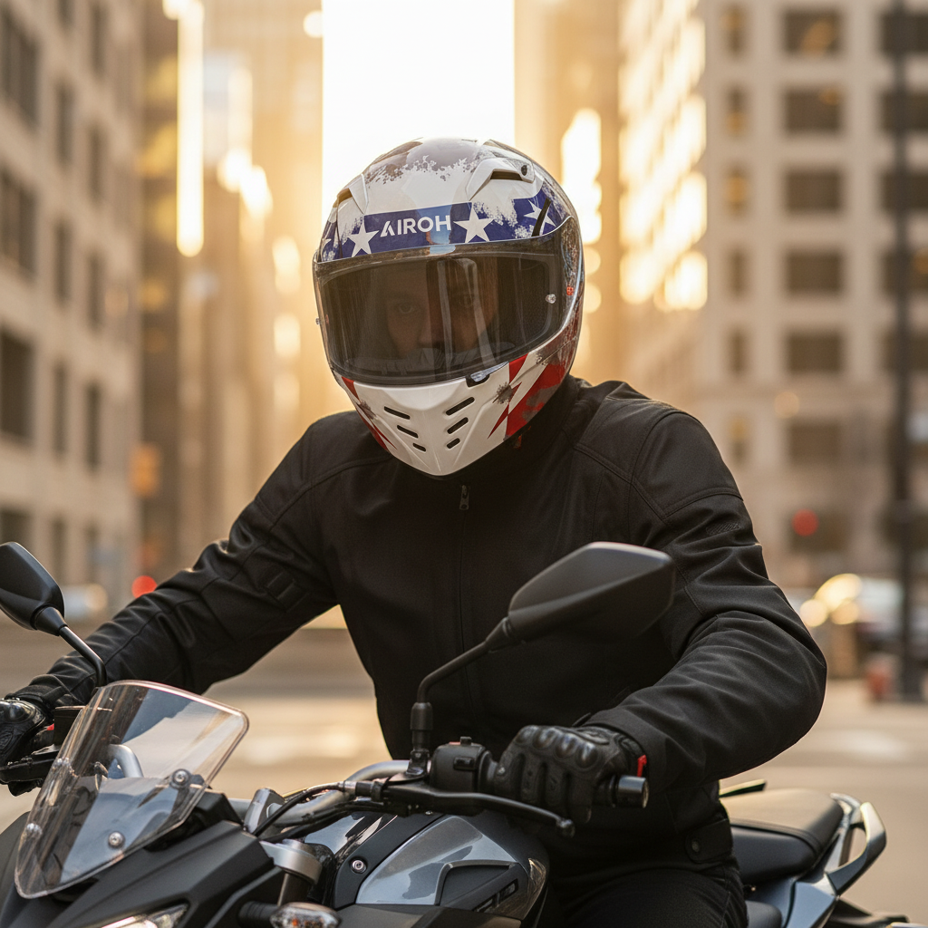 Motociclista in citta con il casco Airoh Connor Nation a stelle e strisce