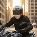 Motociclista in citta con il casco Airoh Connor Nation a stelle e strisce